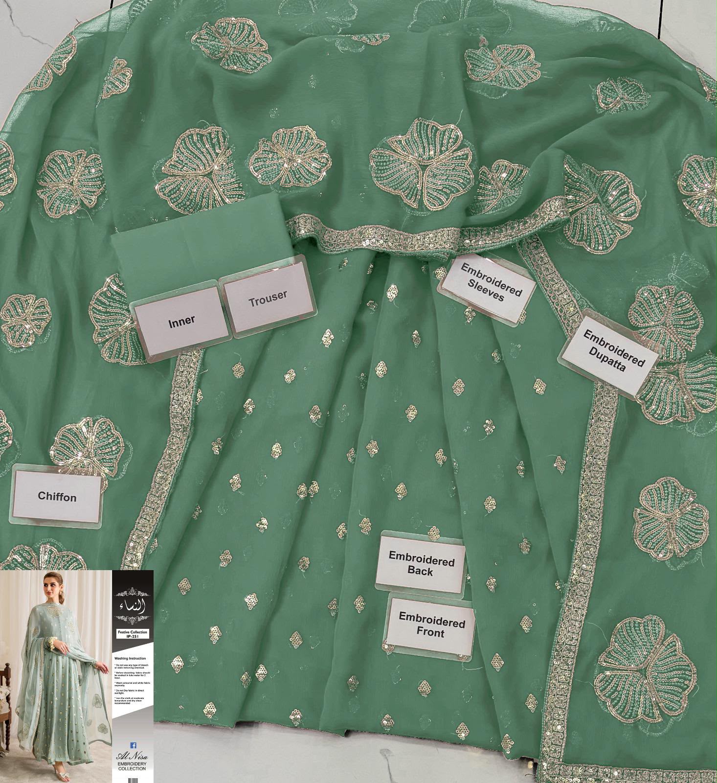 Iznik Chiffon Embroidered 3PC Suit - DESIGN 02