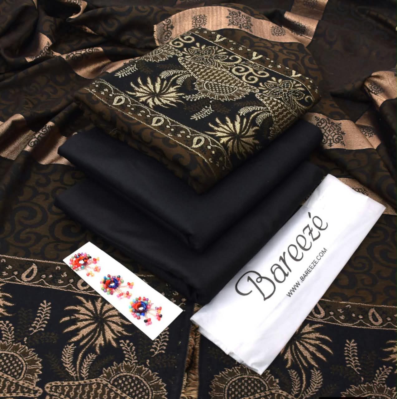 Dhanak Marina 3pc With Jacquard Pashmina 3D Shawl - Black