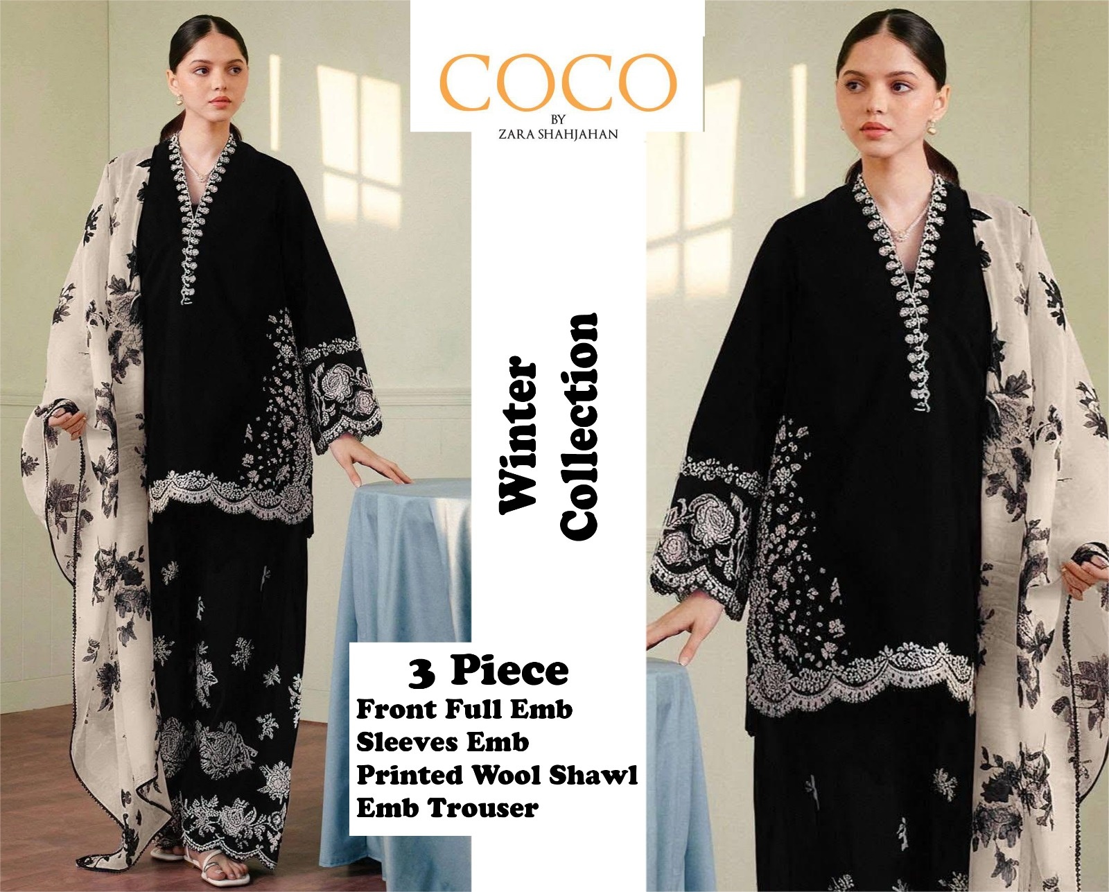 Pure Dhanak 3pc Embroidered Design 28 Black