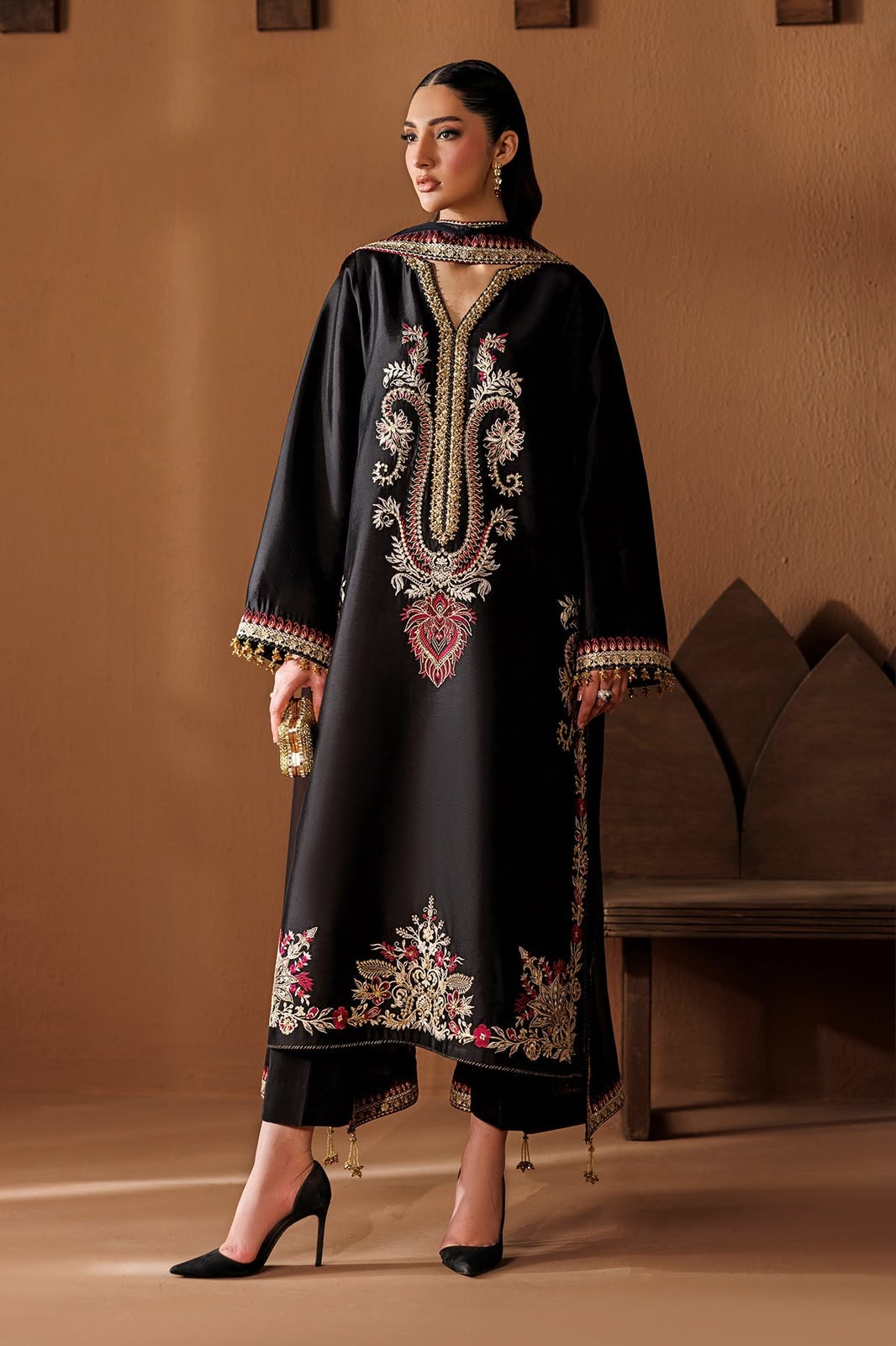Baroque Silk Embroidered 3PC Suit - DESIGN 01