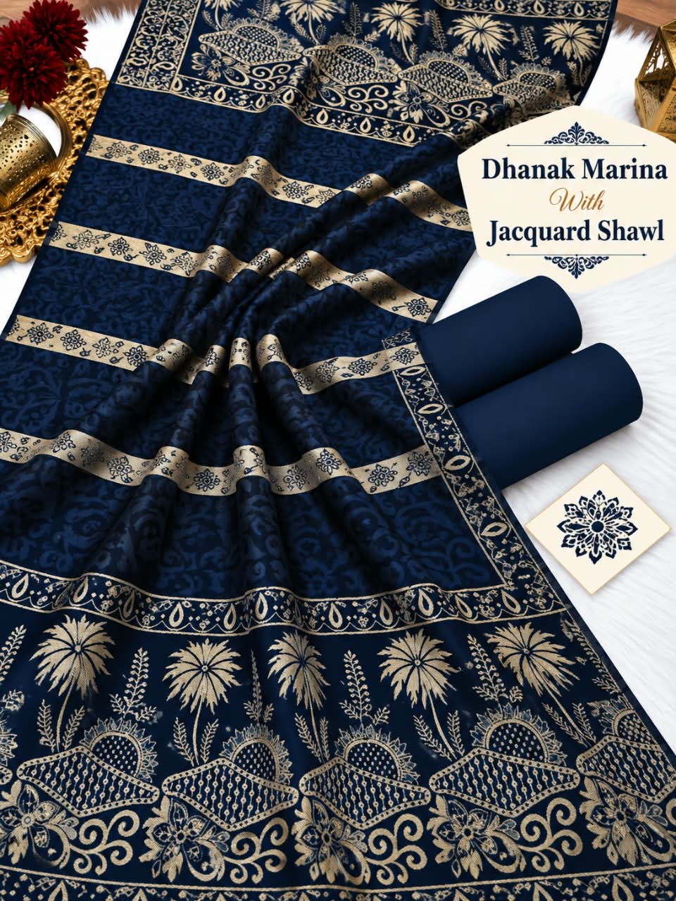 Dhanak Marina 3pc With Jacquard Pashmina Wool Shawl (New) - Navy Blue