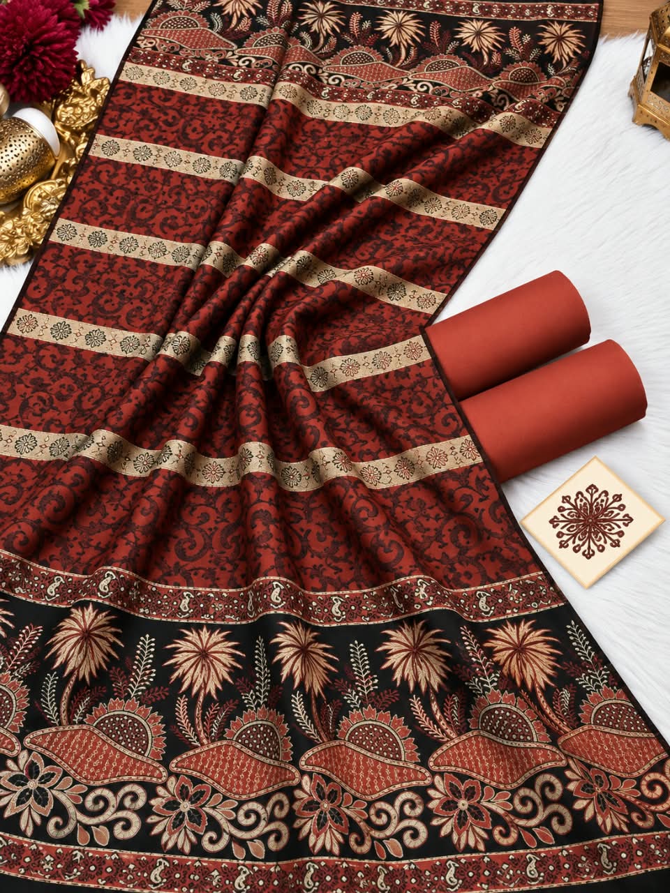 Dhanak Marina 3pc With Jacquard Pashmina Wool Shawl (New) - Rust