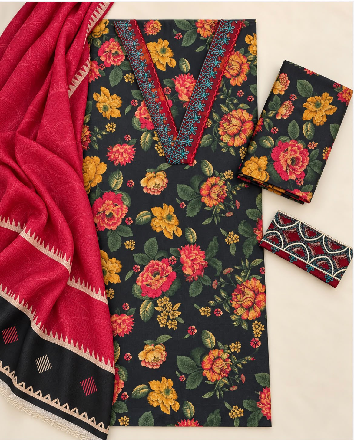 Mix Brand Dhanak Embroidered 3PC Suit - DESIGN 06