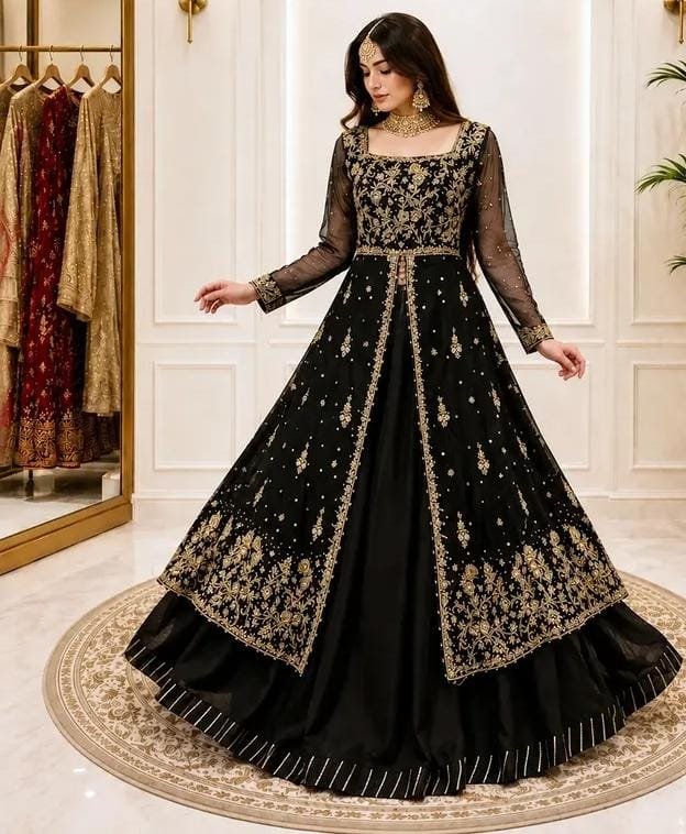 Black Bridal Open Maxi with Sharara - Kora Dabka Work