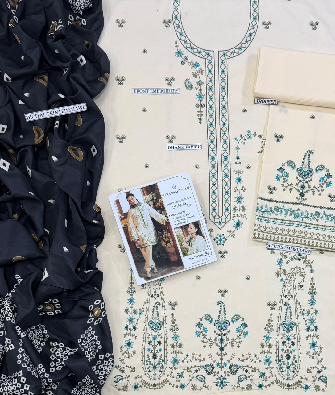 Pure Dhanak 3pc Embroidered Design 21 Off White