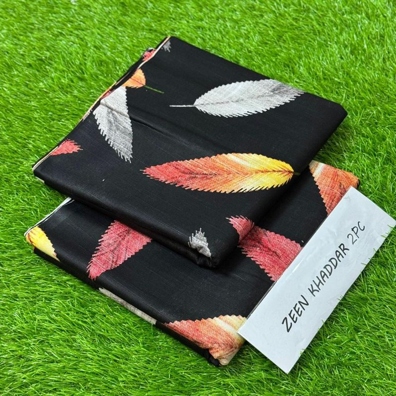 Zeen Khaddar 2Pc - Black Leaf Print