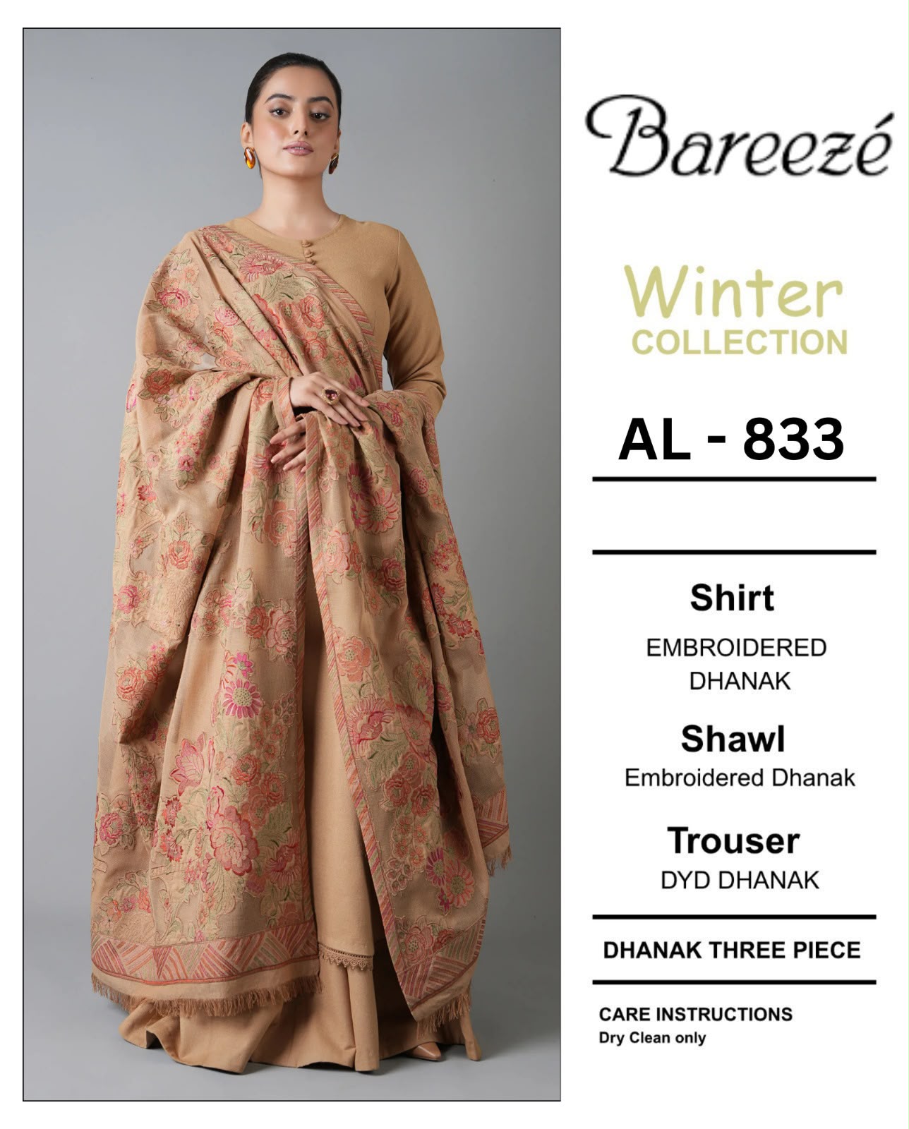 Bareeza AL 831 Dhanak Heavy Embroidered 3pc - DESIGN 08