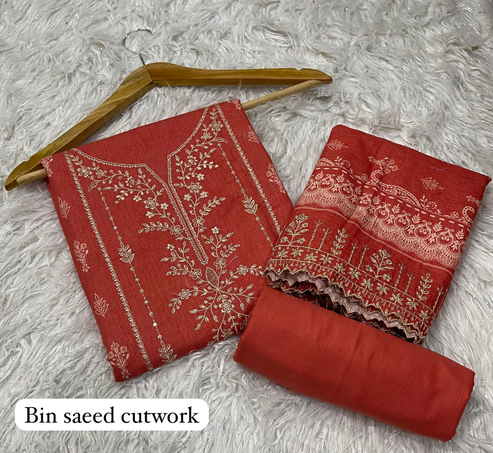 Rawayat Bin Saeed Khaddar Cutwork 3pc - Orange Red