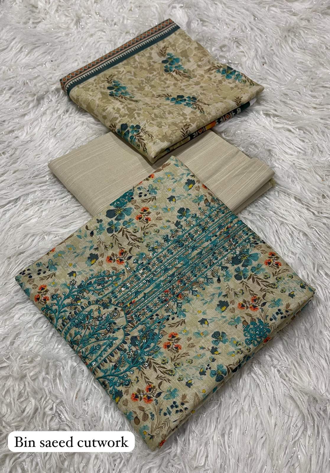 Rawayat Bin Saeed Khaddar Cutwork 3pc - Sage Teal