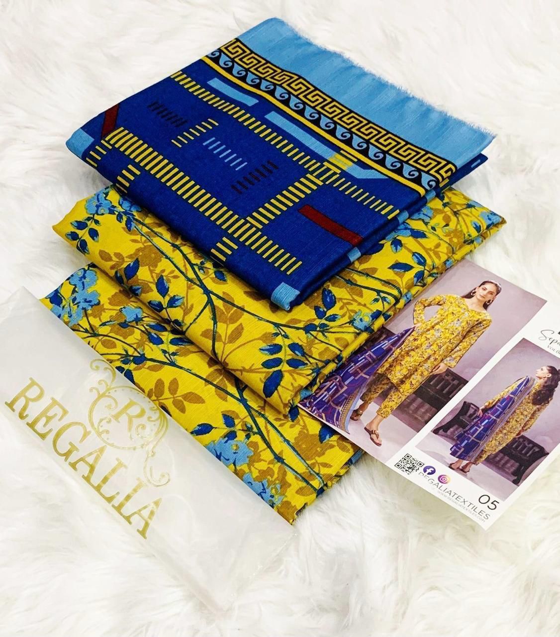 Regalia Original 3pc Printed Khaddar Collection - Blue Yellow