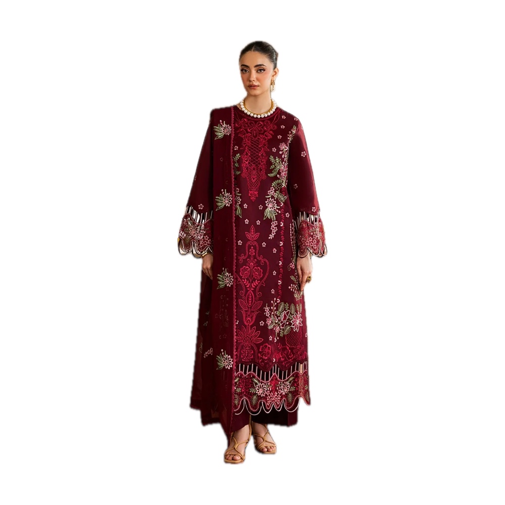 Laam Dhanak 3-Piece - Maroon Floral Embroidered Shawl (Ornate Design)