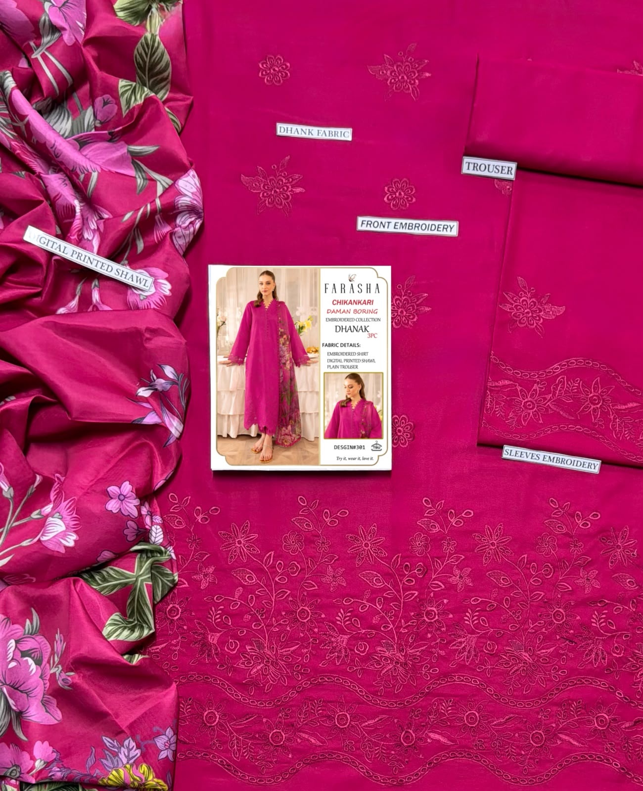 Pure Dhanak 3pc Embroidered Design 24 Magenta