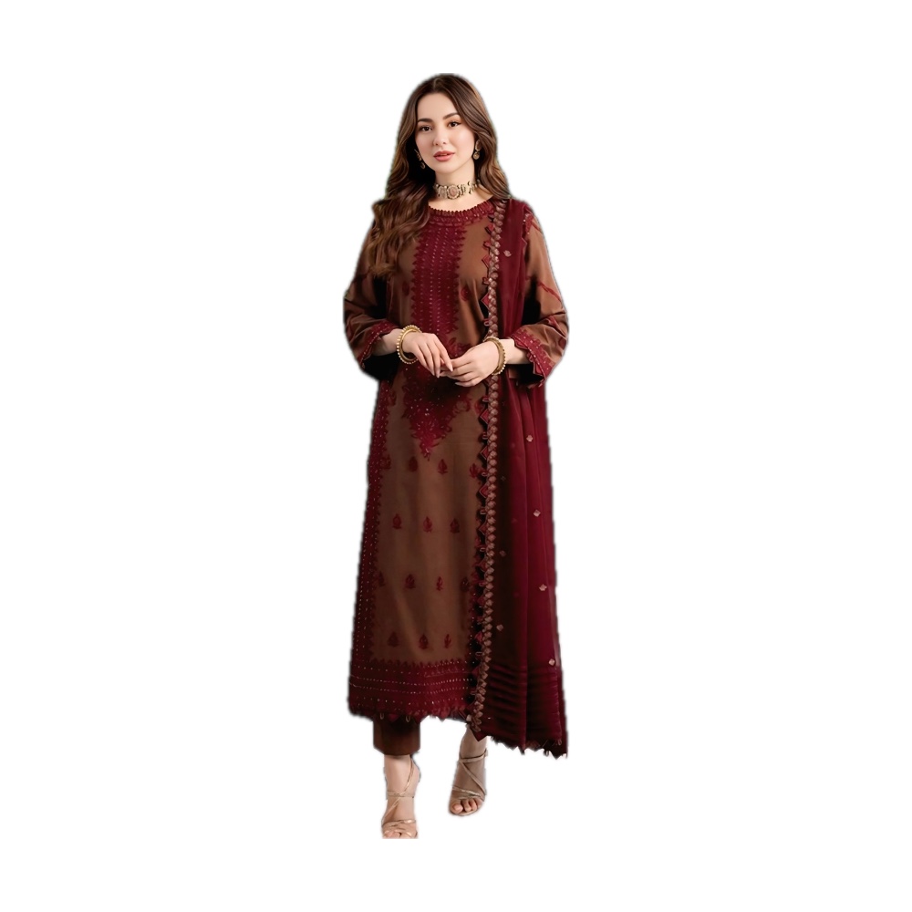 Asim Jofa Dhanak 3-Piece - Brown with Maroon Embroidered Shawl