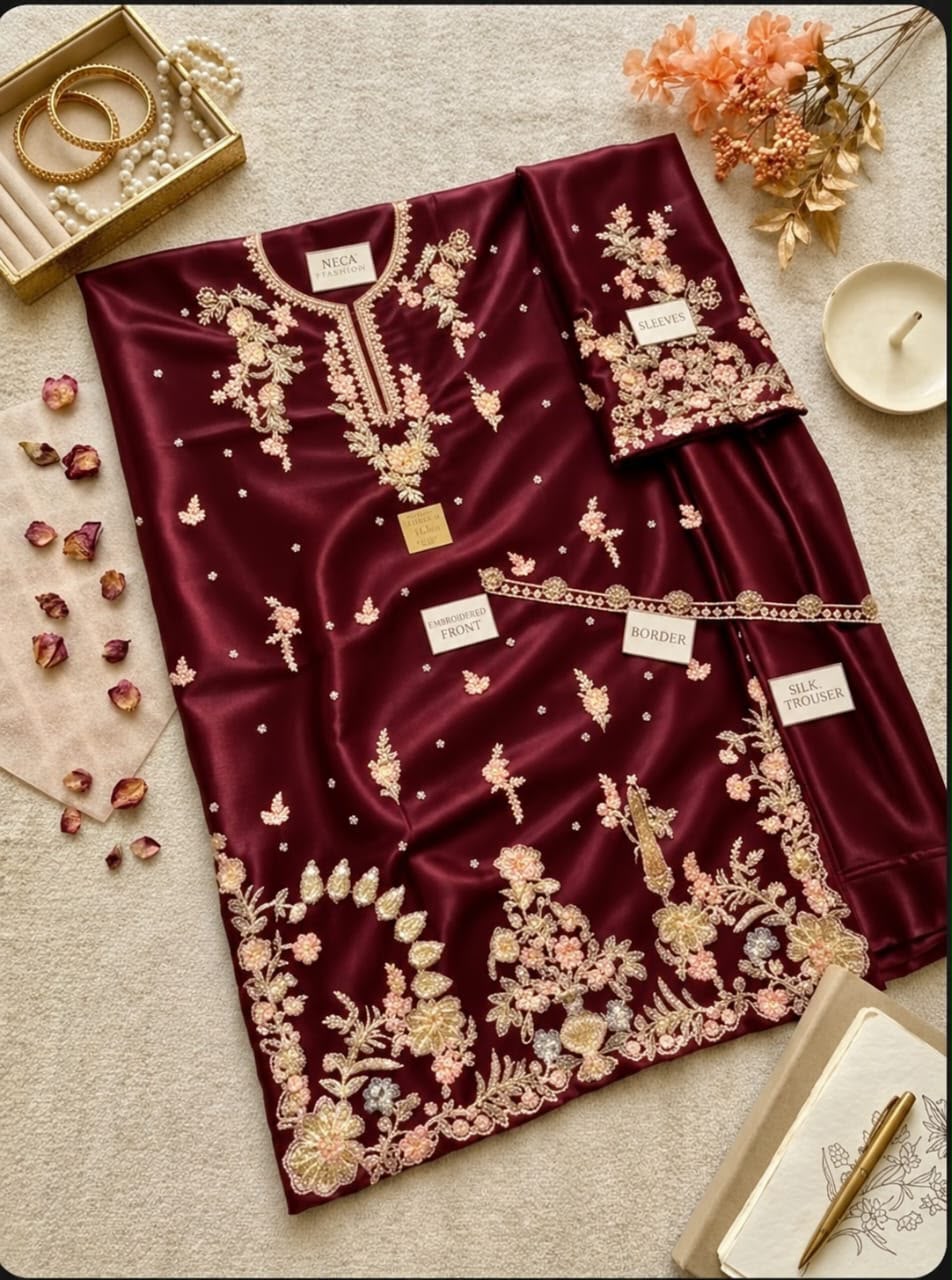 Silk Embroidered Kaftan 2PC Suit - DESIGN 05