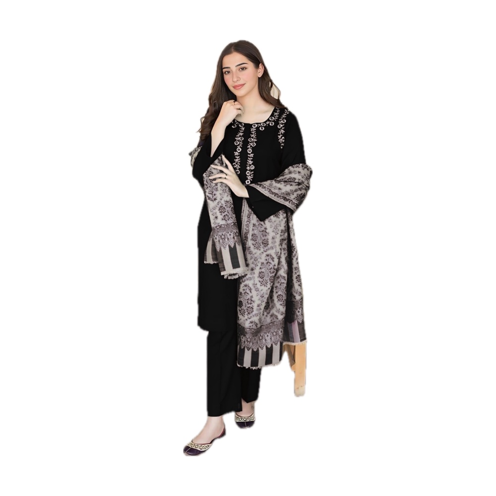Aisling Dhanak 3-Piece - Black with Grey Print Shawl