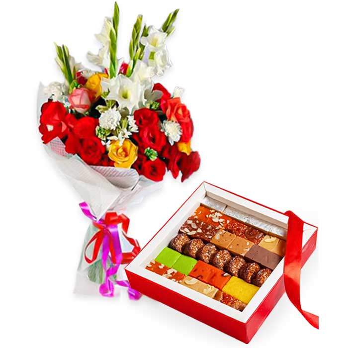 Beautiful Flowers & Assorted Mithai Box
