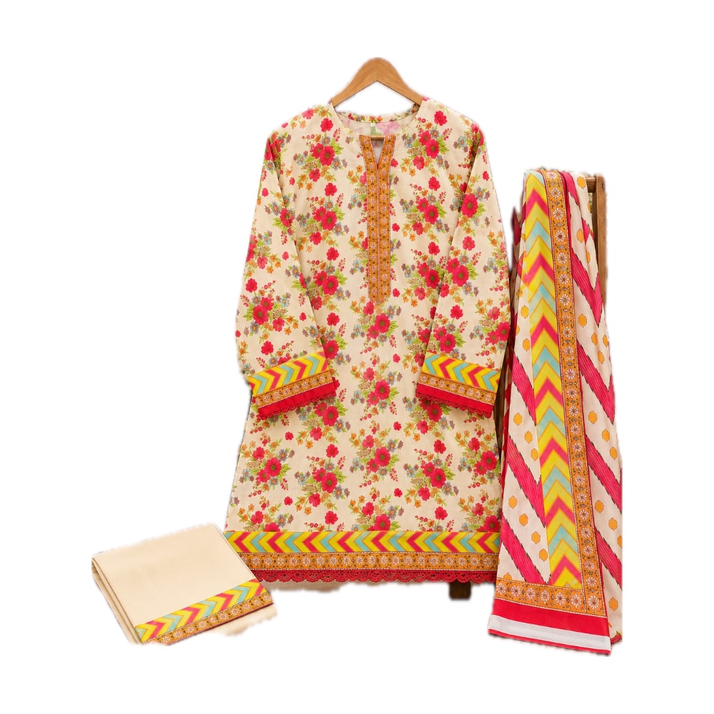Salina Stitched Collection - Printed 3-Piece Suit (Cream Floral Chevron)