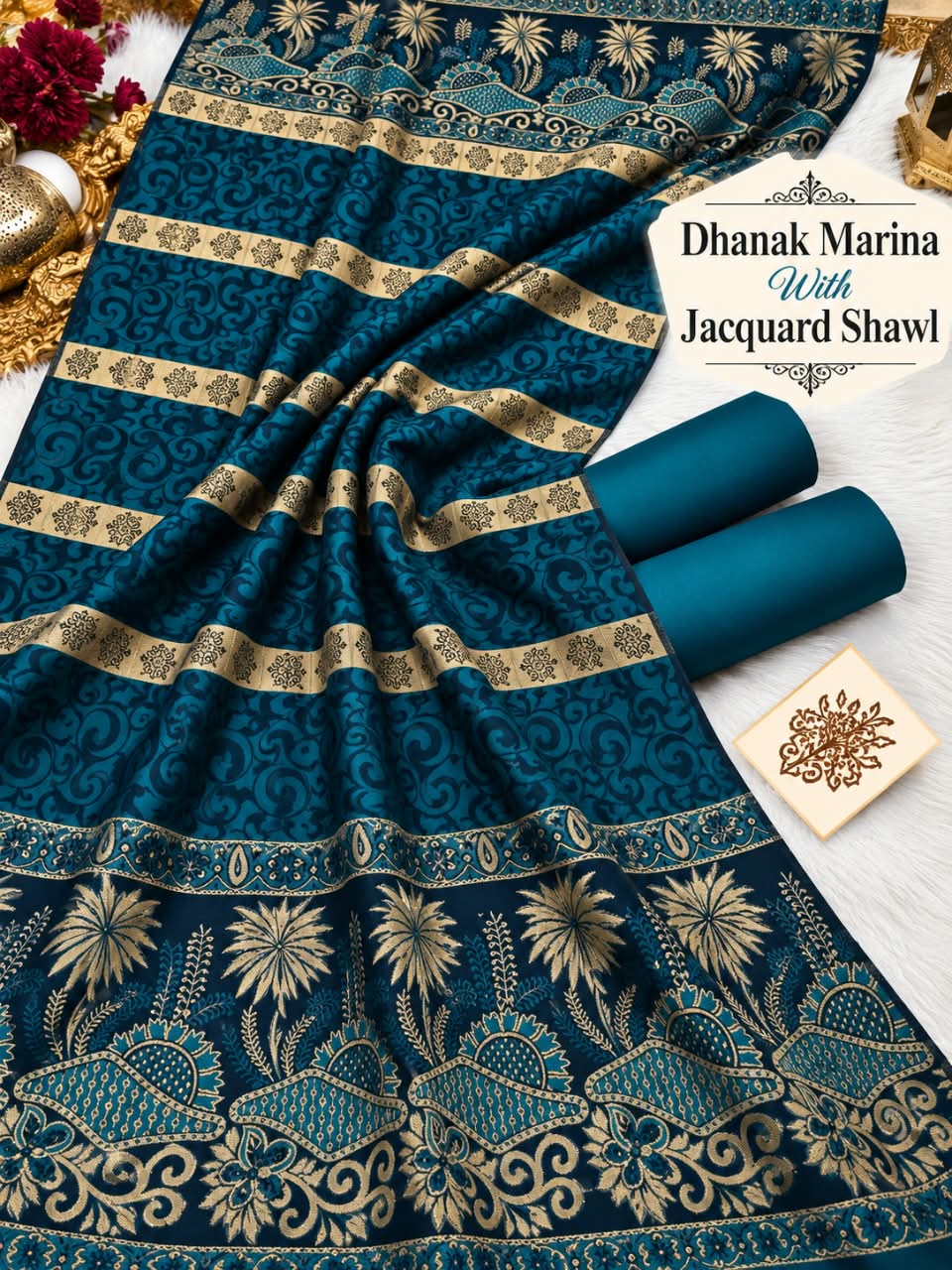 Dhanak Marina 3pc With Jacquard Pashmina Wool Shawl (New) - Teal