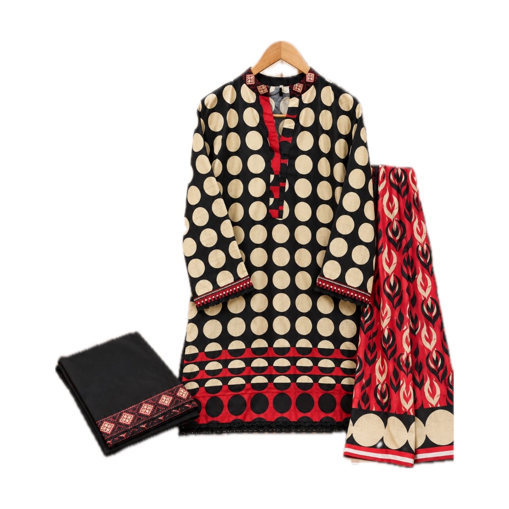 Salina Stitched Collection - Printed 3-Piece Suit (Black Polka Dot)