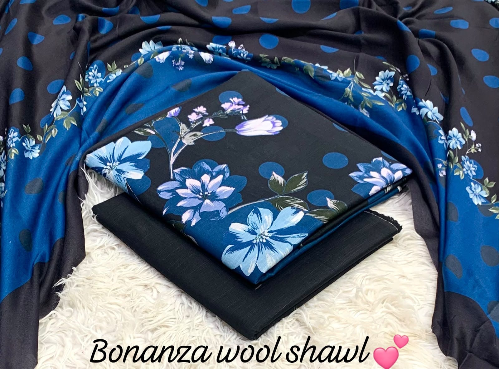 Bonanza Khaddar With Bumble Wool Shawl 3pc - Navy Blue Floral