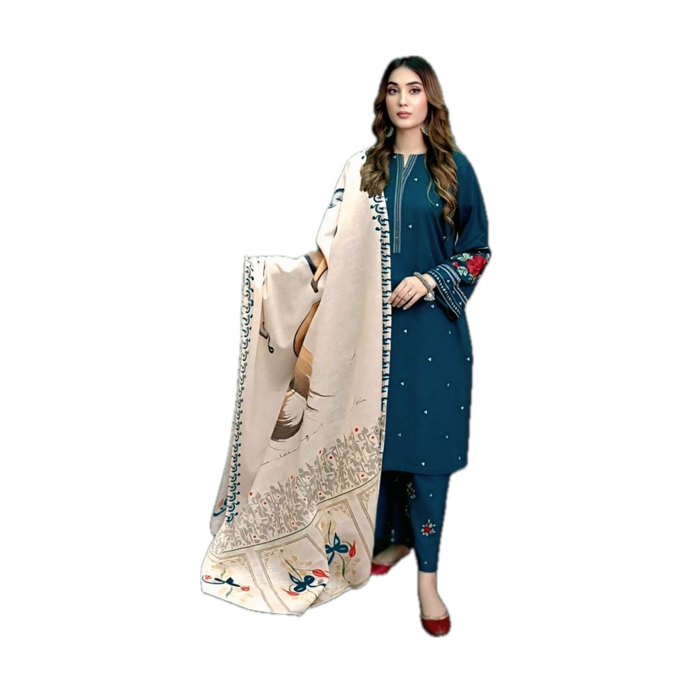 Urge Dhanak 3-Piece - Teal Blue with Cream Print Shawl