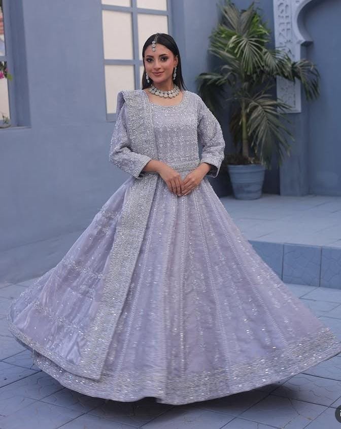 Lavender Bridal Maxi - Dabka Kora Work
