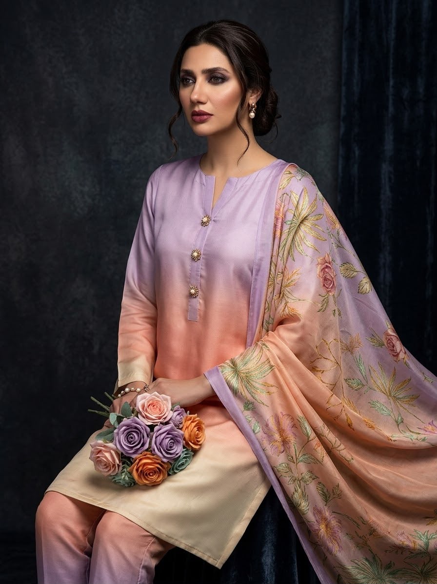 Digital Printed Shamoz Silk 3pc Suit - DESIGN 77