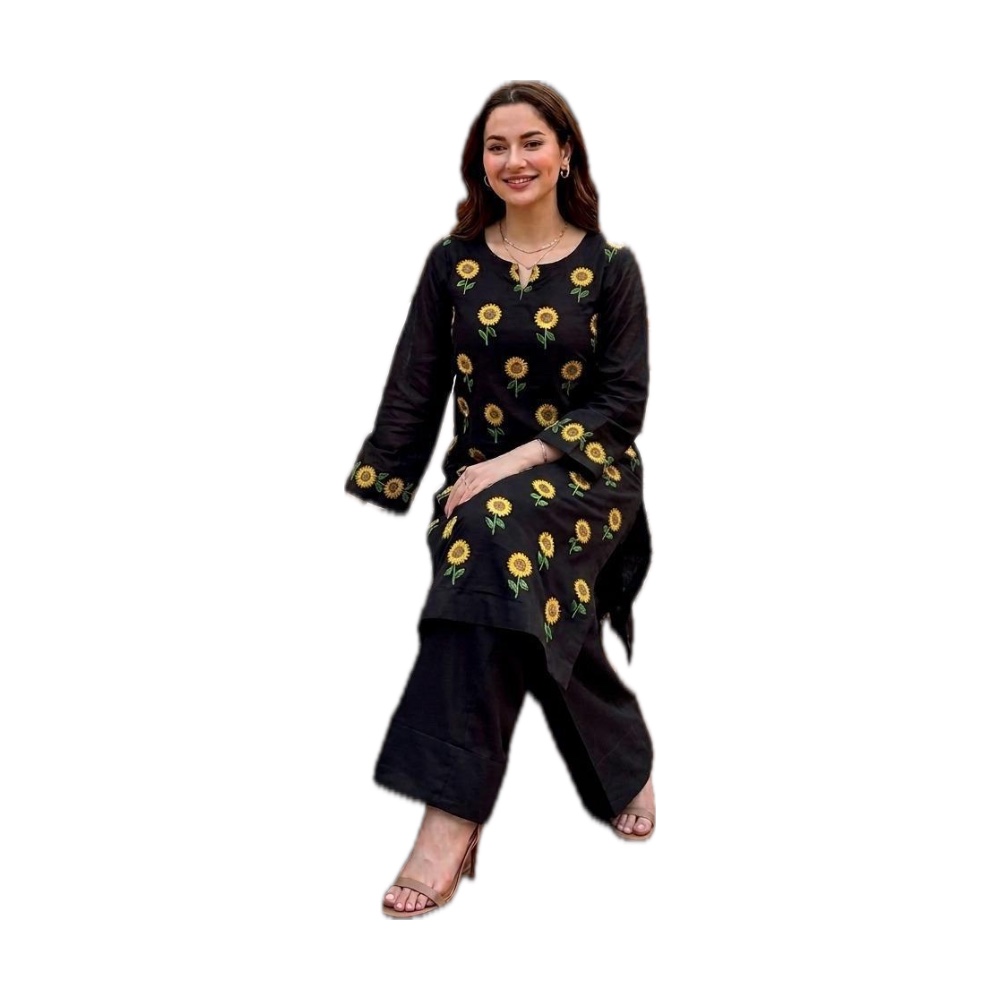 Stitched Kurti with Trouser - Black with Sunflower Embroidery