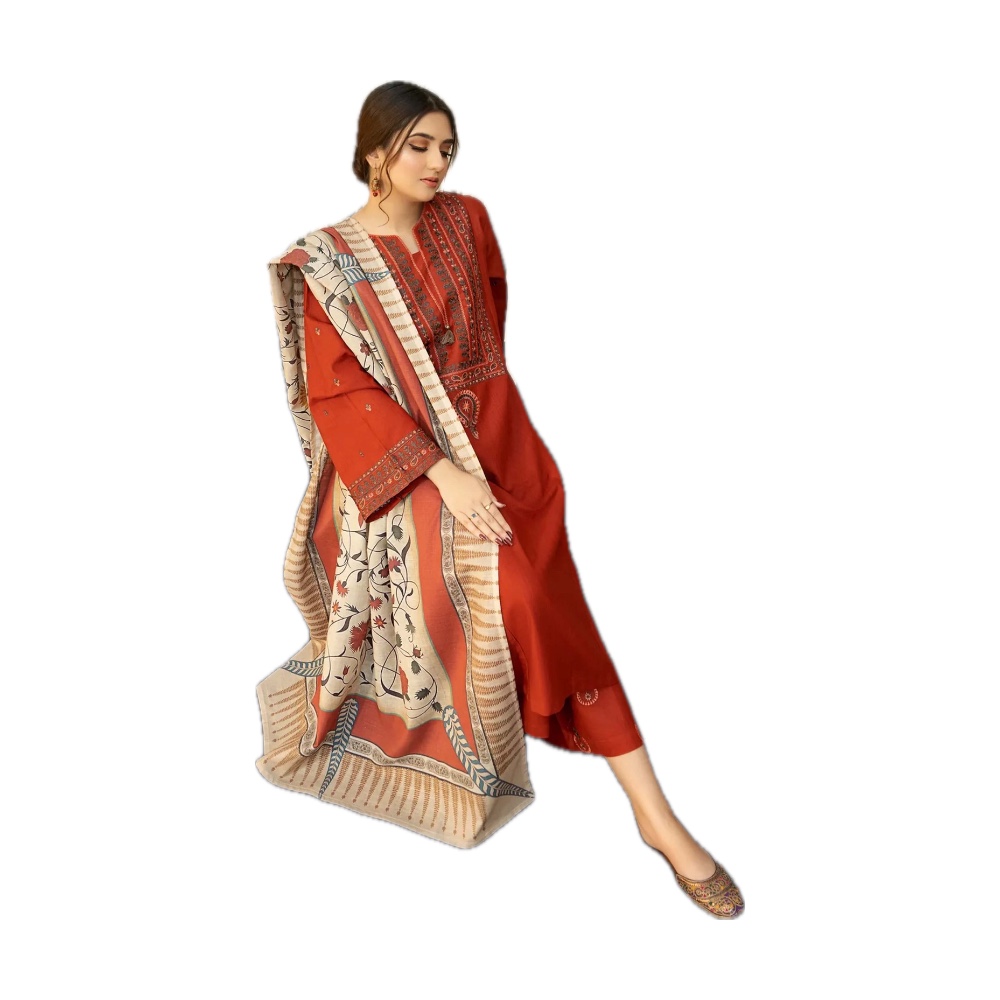 Nakoosh Dhanak 3-Piece - Rust Red with Print Shawl
