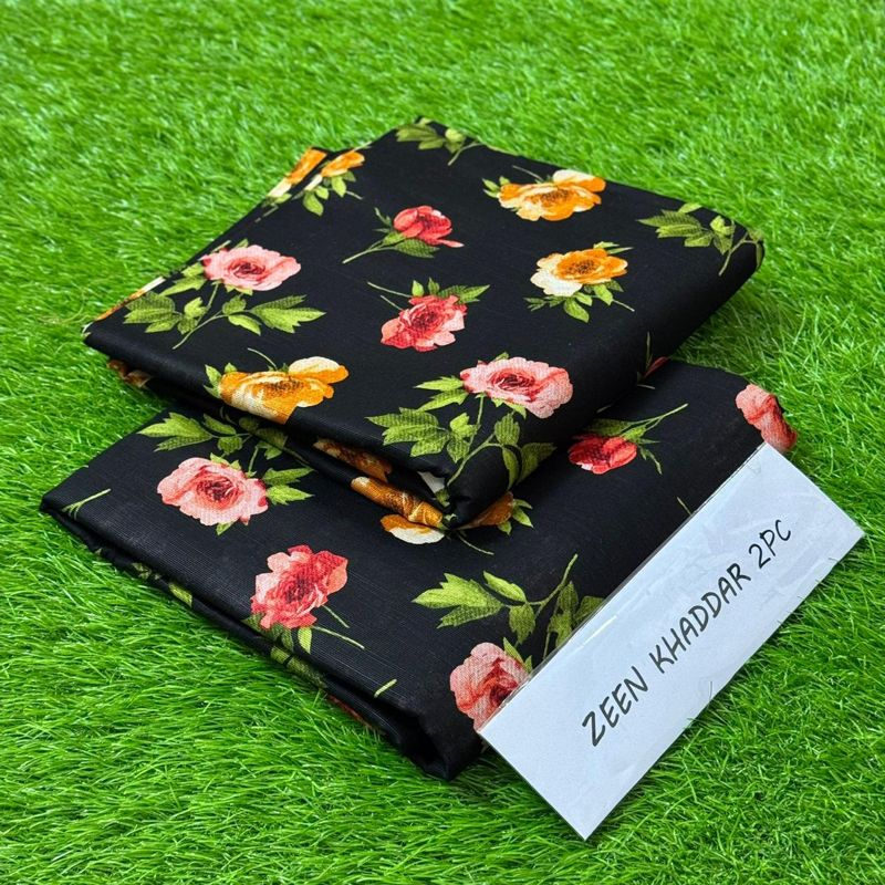 Zeen Khaddar 2Pc - Black Multicolor Rose Print