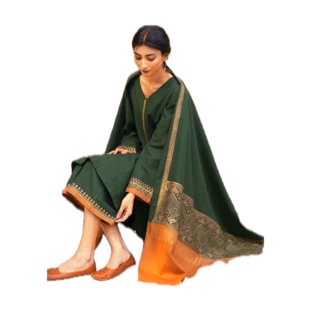 DYOT Dhanak 3-Piece - Bottle Green with Print Shawl