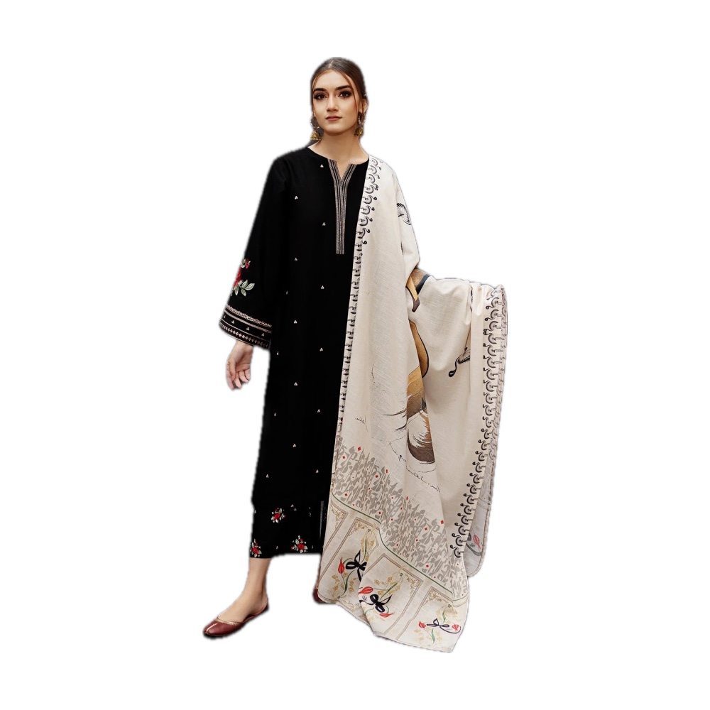 Urge Dhanak 3-Piece - Black with Cream Printed Wool Shawl