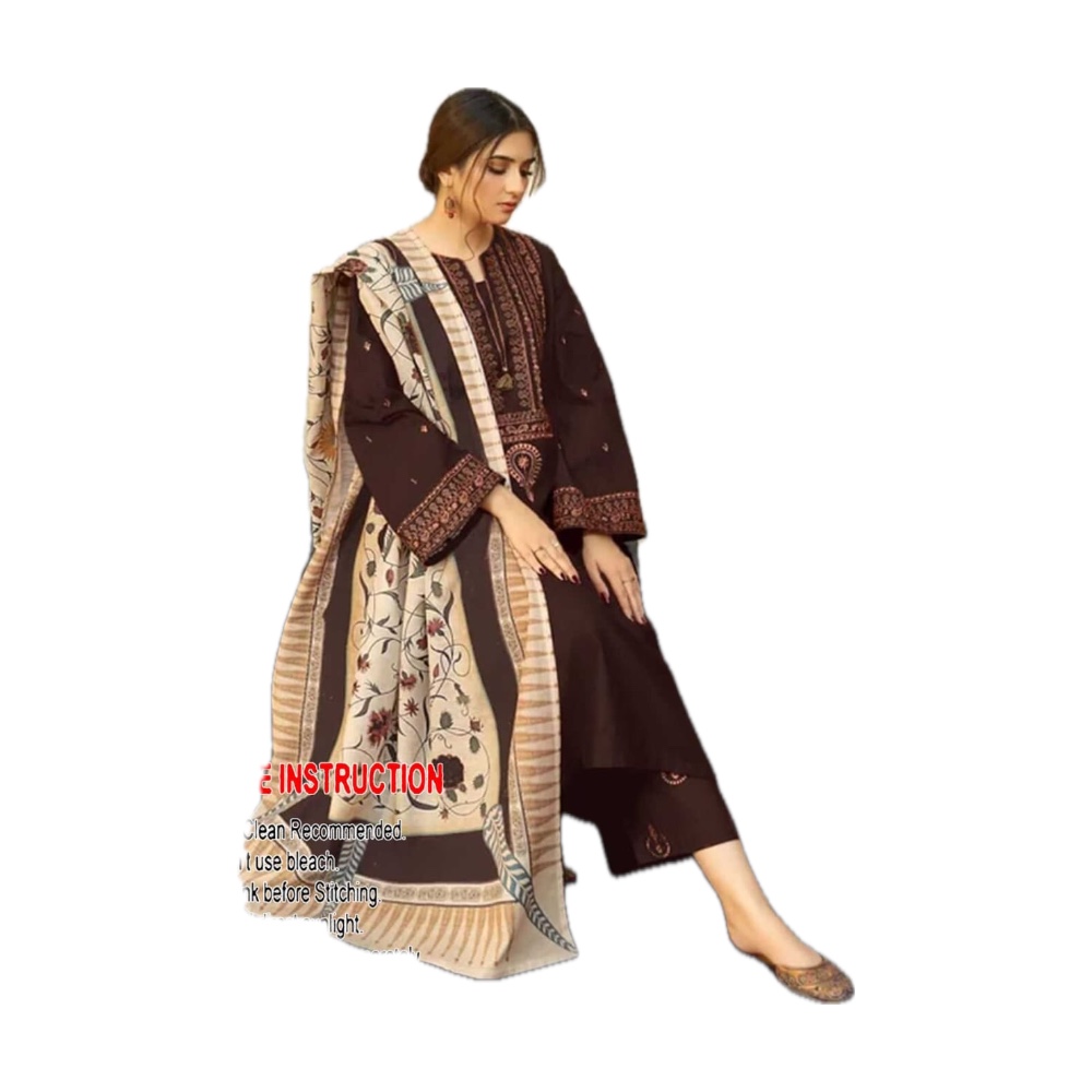 Aisling Dhanak 3-Piece - Dark Brown Embroidered with Printed Wool Shawl