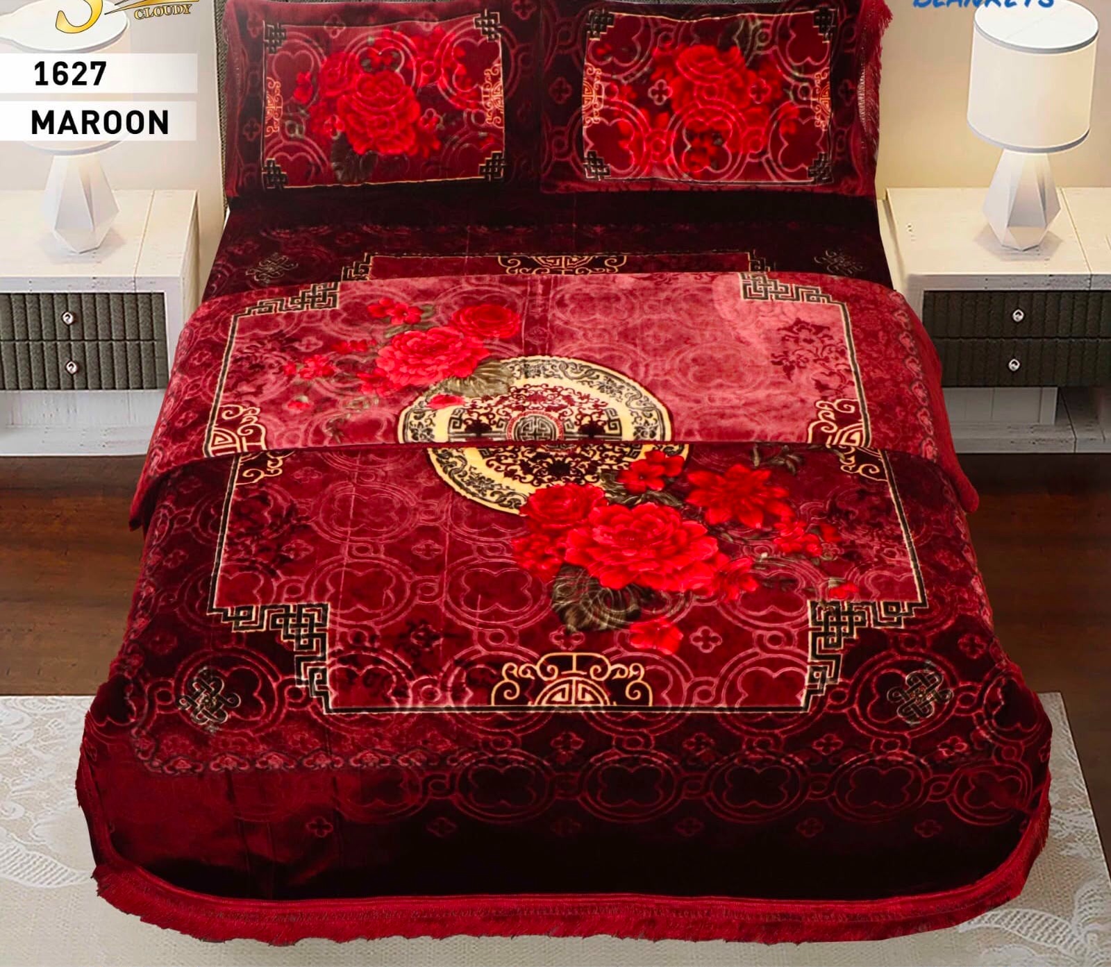 4pcs Kambal Blanket Set - Maroon Floral