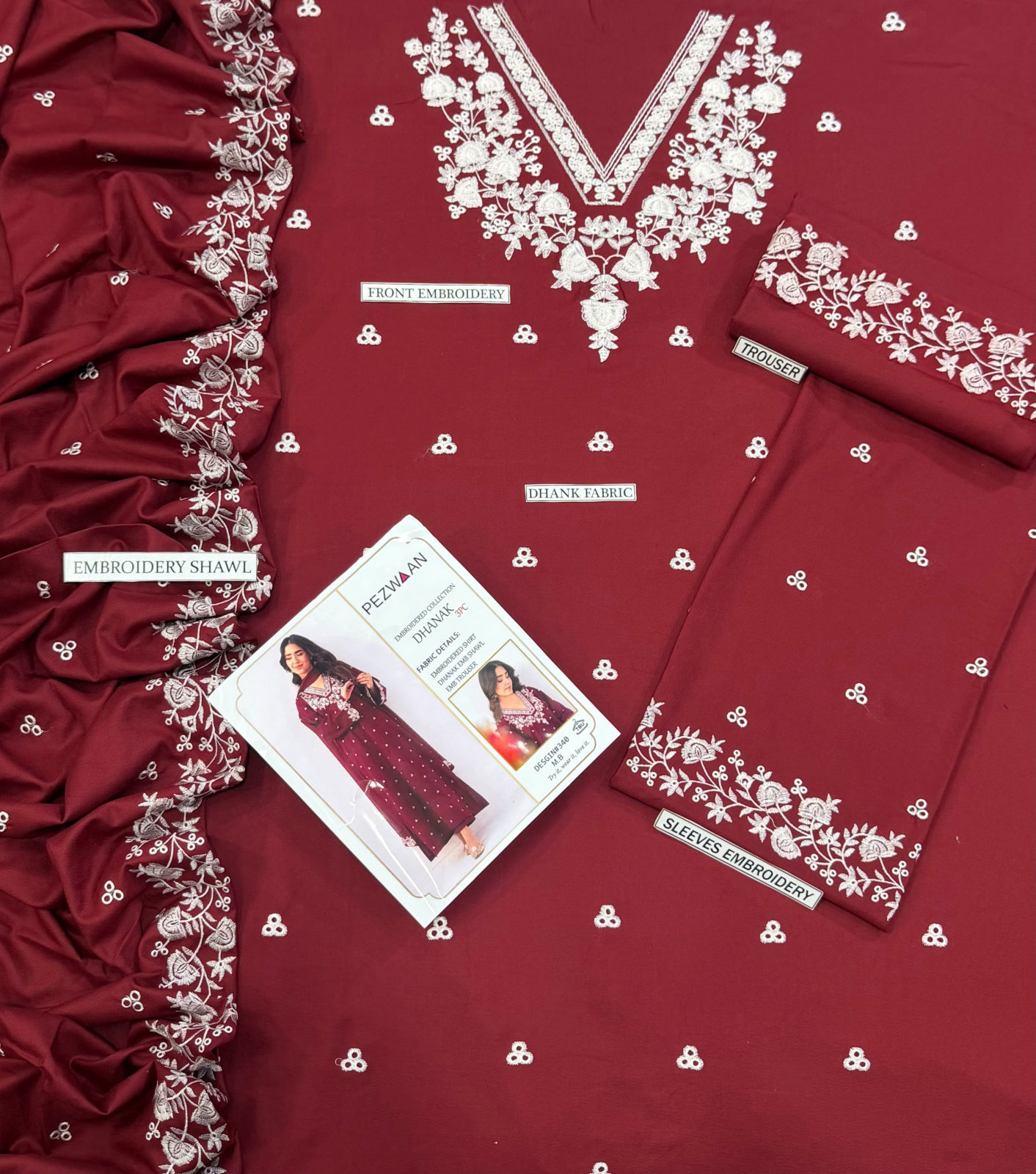 Pure Dhanak 3pc Embroidered Design 30 Maroon