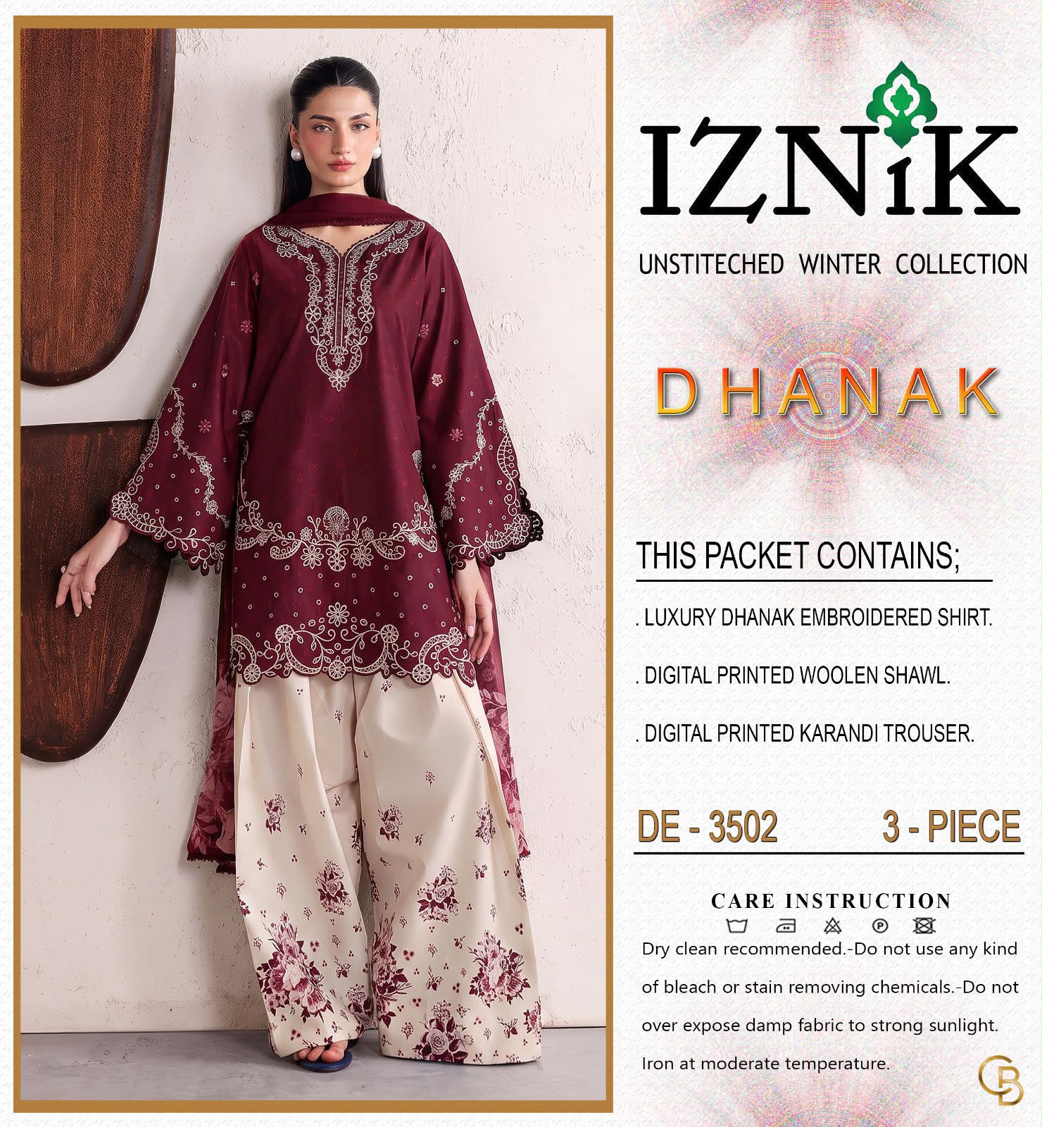 Iznik Dhanak Chikankari Embroidered 3PC Suit D#3502 - DESIGN 03
