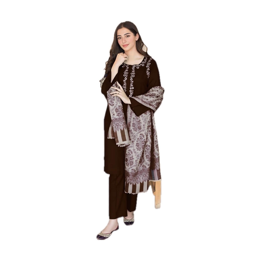 Aisling Dhanak 3-Piece - Dark Brown with Print Shawl