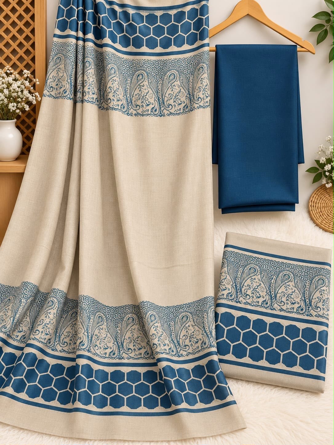 Broshia Jacquard Acrylic Pashmina Velvet Shawl With Dhanak 3pc - Teal Blue