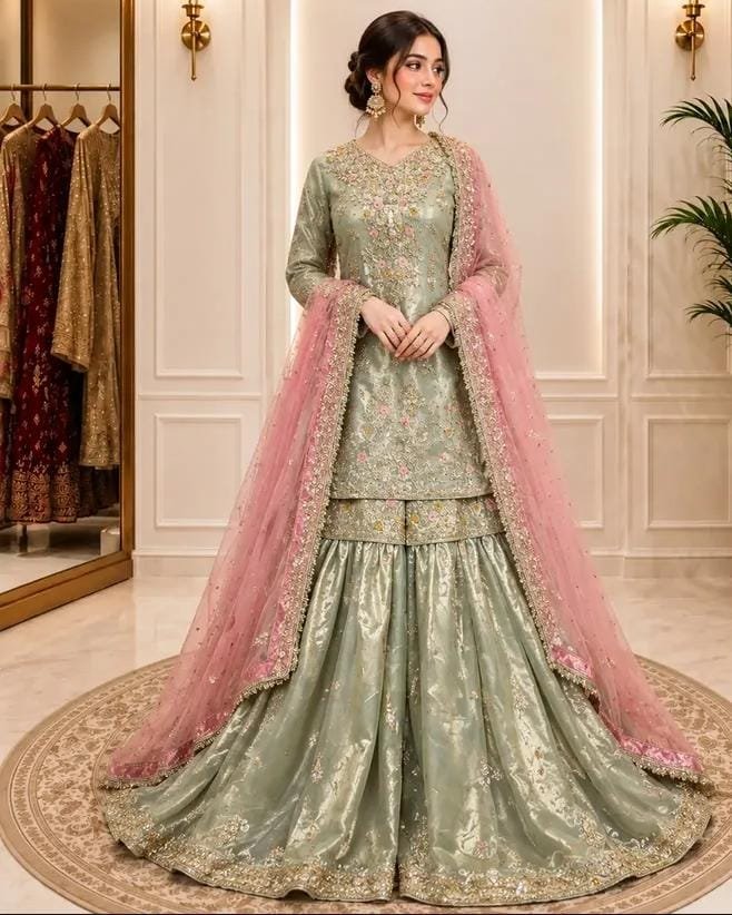 Mint Green & Powder Pink Gharara Bridal Dress - Kora Dabka Work