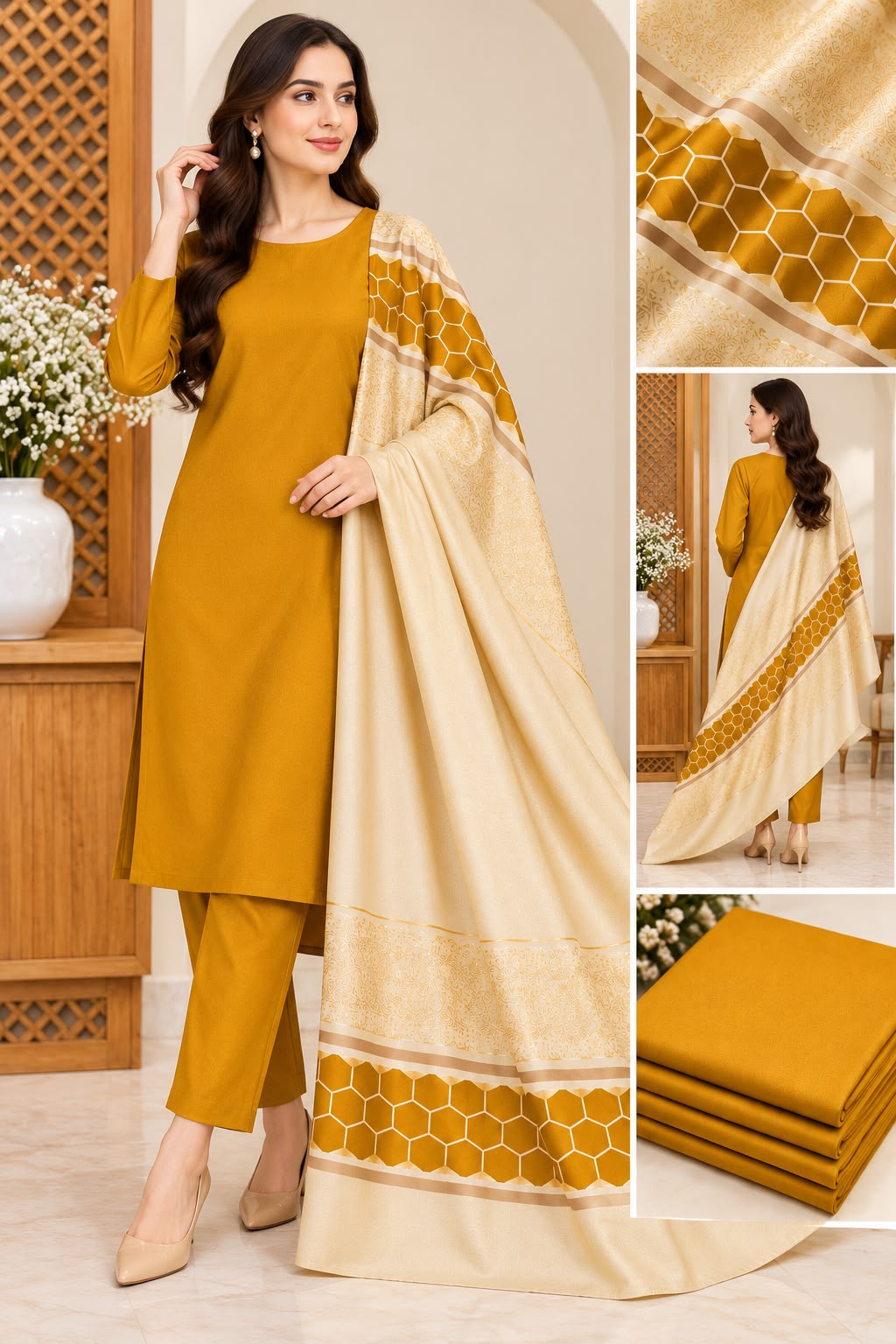 Dhanak Marina With Banarsi Jacquard Pashmina Shawl 3pc - Mustard