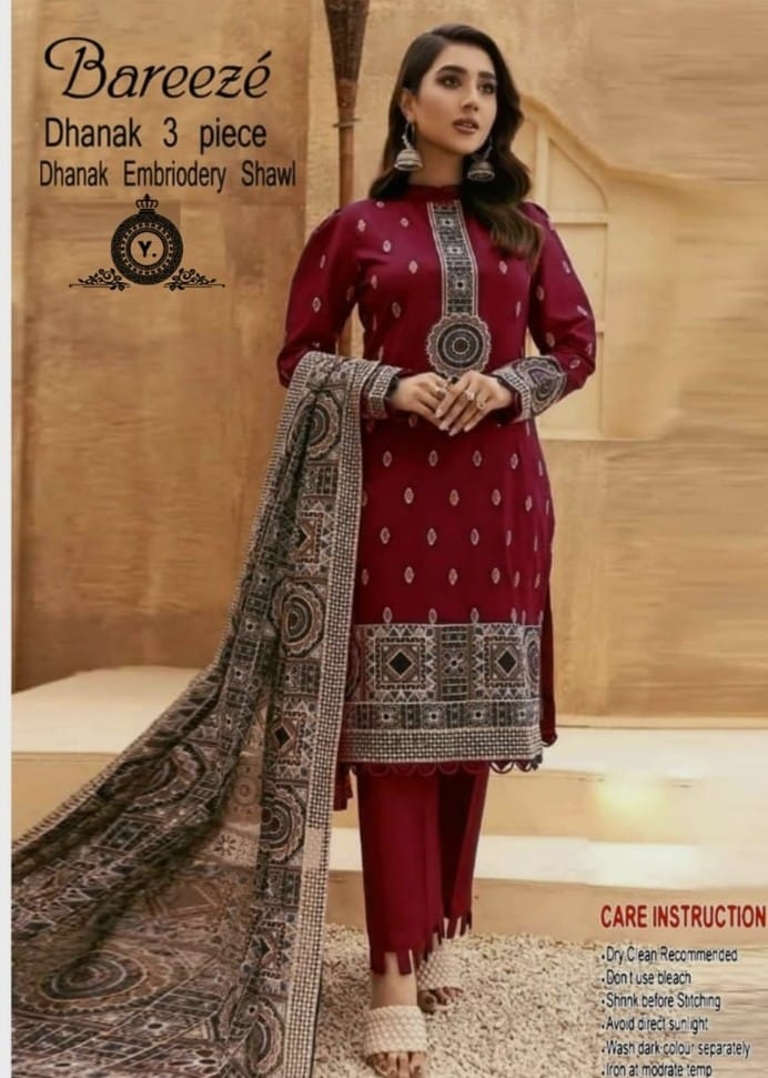 Dhanak 3pc Embroidered Suit with Embroidered Shawl - DESIGN 01