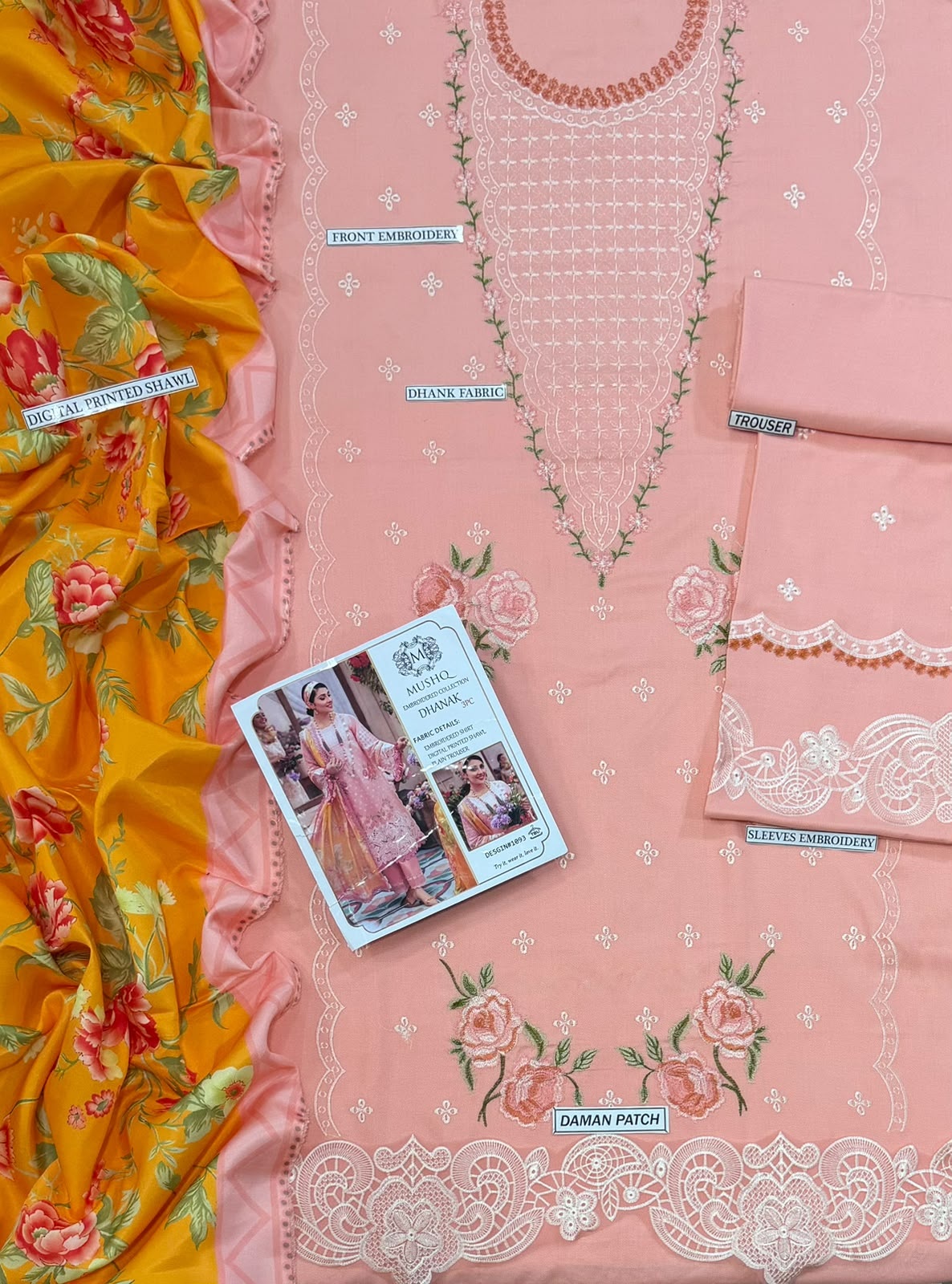 Pure Dhanak 3pc Embroidered Design 26 Peach