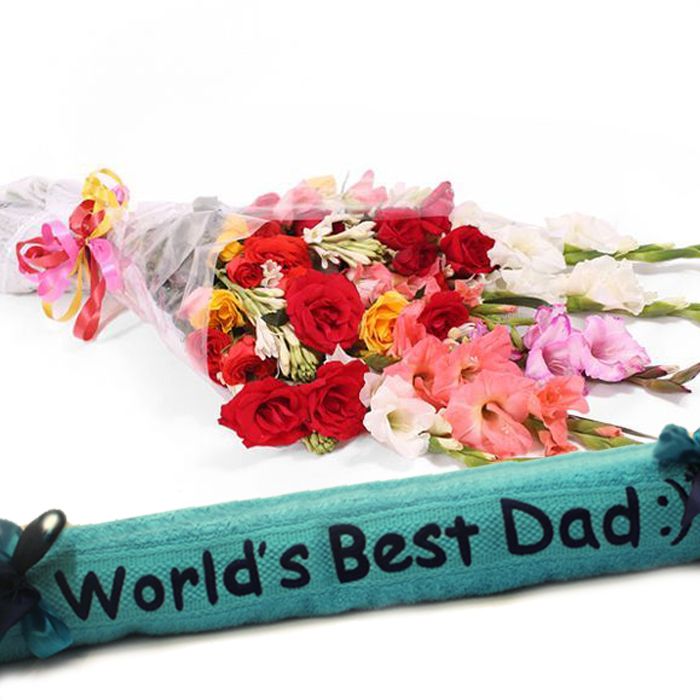 Worlds Best Dad Towel With Medium Bouquet