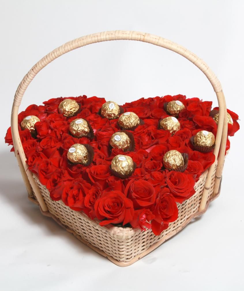 Red Roses With Ferrero In Heart Basket