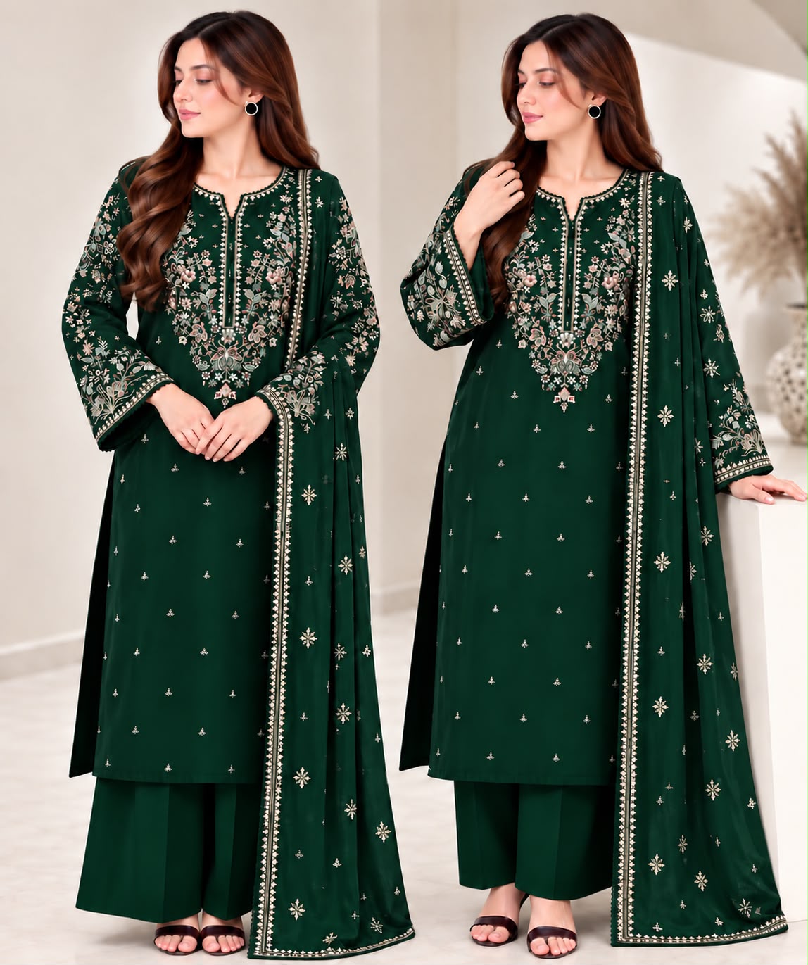 Batik Winter Dhanak 3pc Emb Suit D# A-82 - Bottle Green