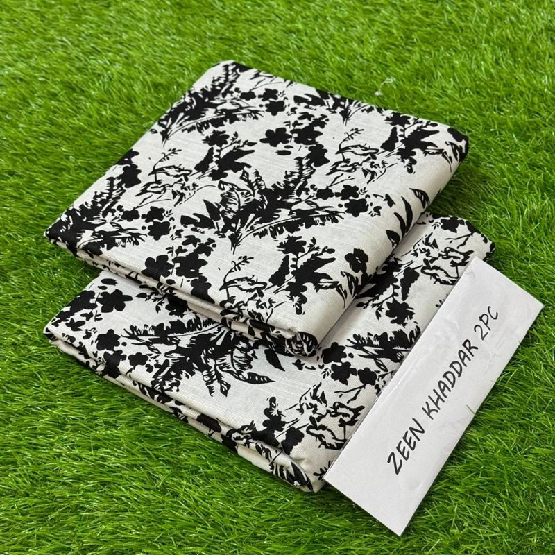 Zeen Khaddar 2Pc - Ivory Black Silhouette Floral