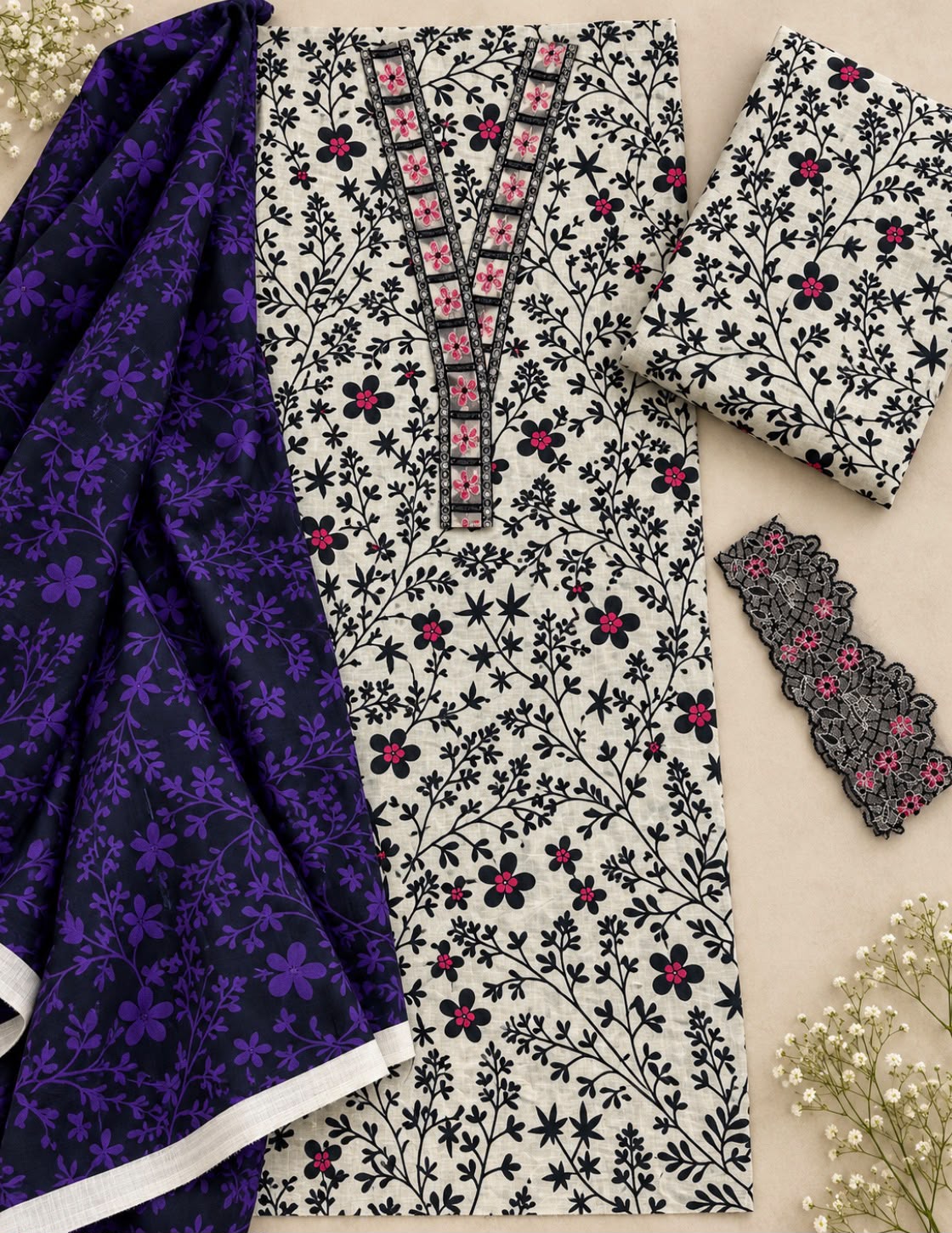 Indian Booti Dhanak Embroidered 3PC Suit - DESIGN 07