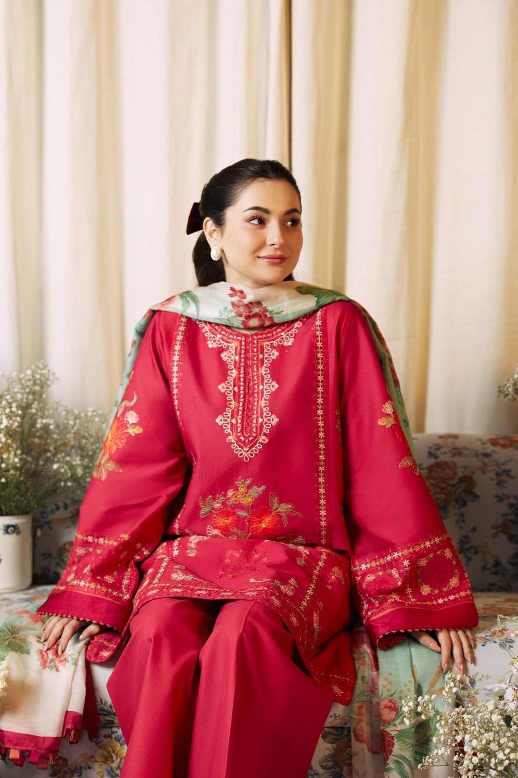 Pure Dhanak 3pc Embroidered Design 14 Red