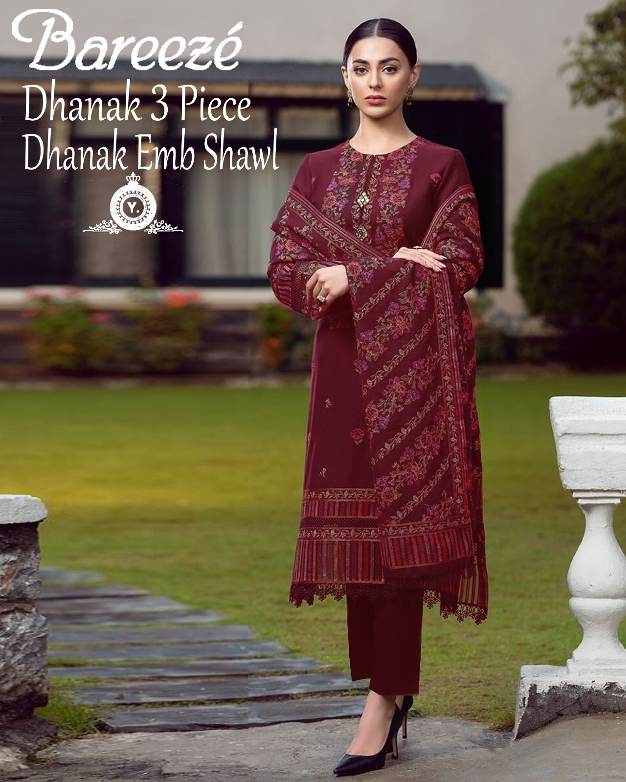 Dhanak 3pc Embroidered Suit with Embroidered Shawl - DESIGN 17