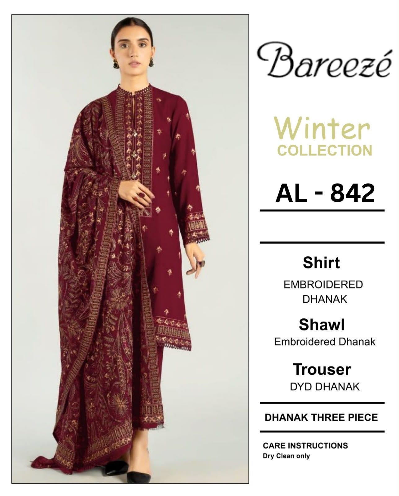 Bareeza AL 831 Dhanak Heavy Embroidered 3pc - DESIGN 01